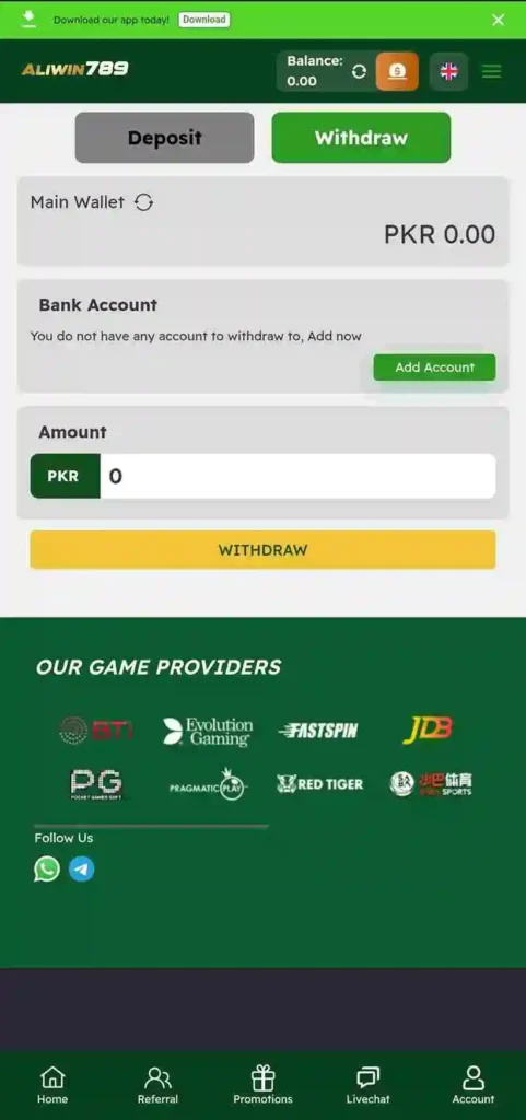 Aliwin789 game deposit screen using JazzCash and Easypaisa
